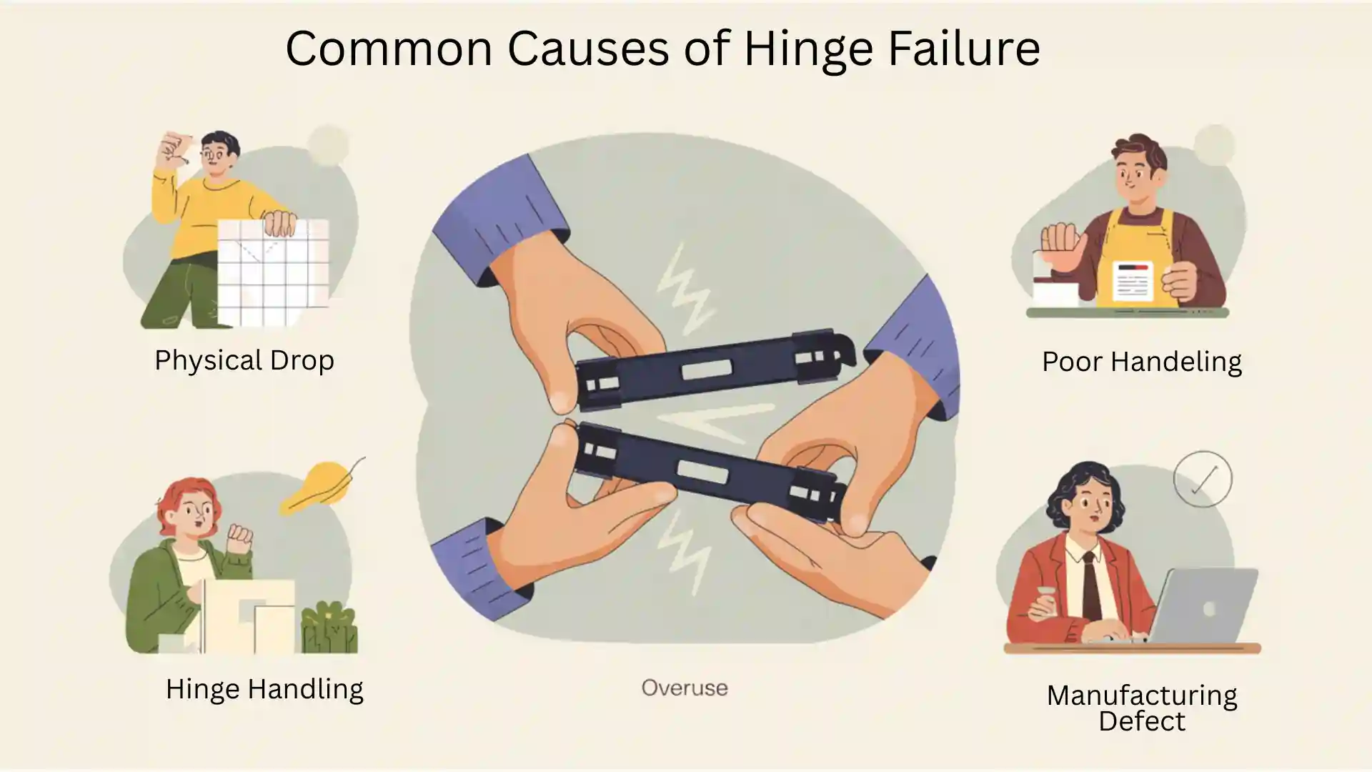 Factors causing Dell laptop hinge and panel failure like drops, overuse, and defects.